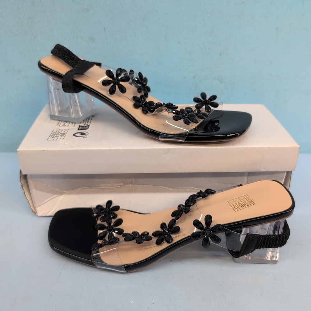 Shein Rhinestone Flower Decor Women's High Heel Sandals Size CN 39 Black